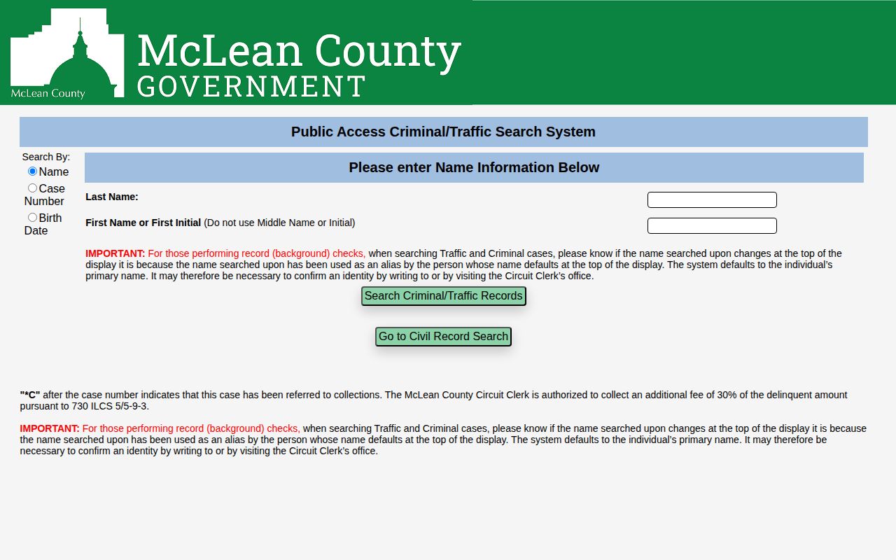 McLean County criminal court search for post-booking case records