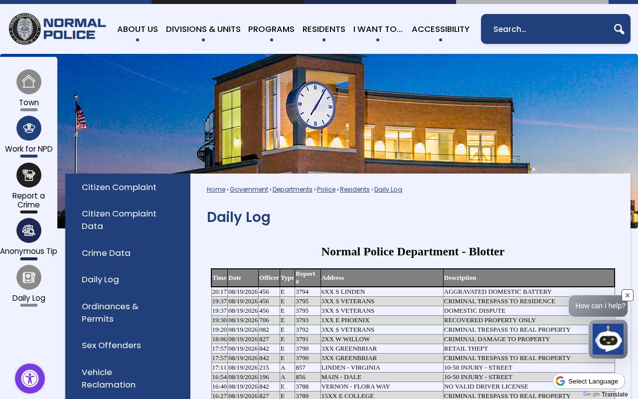 Normal Police Daily Log for McLean County city arrest context